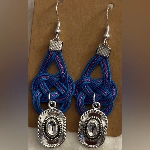 Handmade Western Blue with Purple and Silver Knot Earrings - Picture 2 of 2